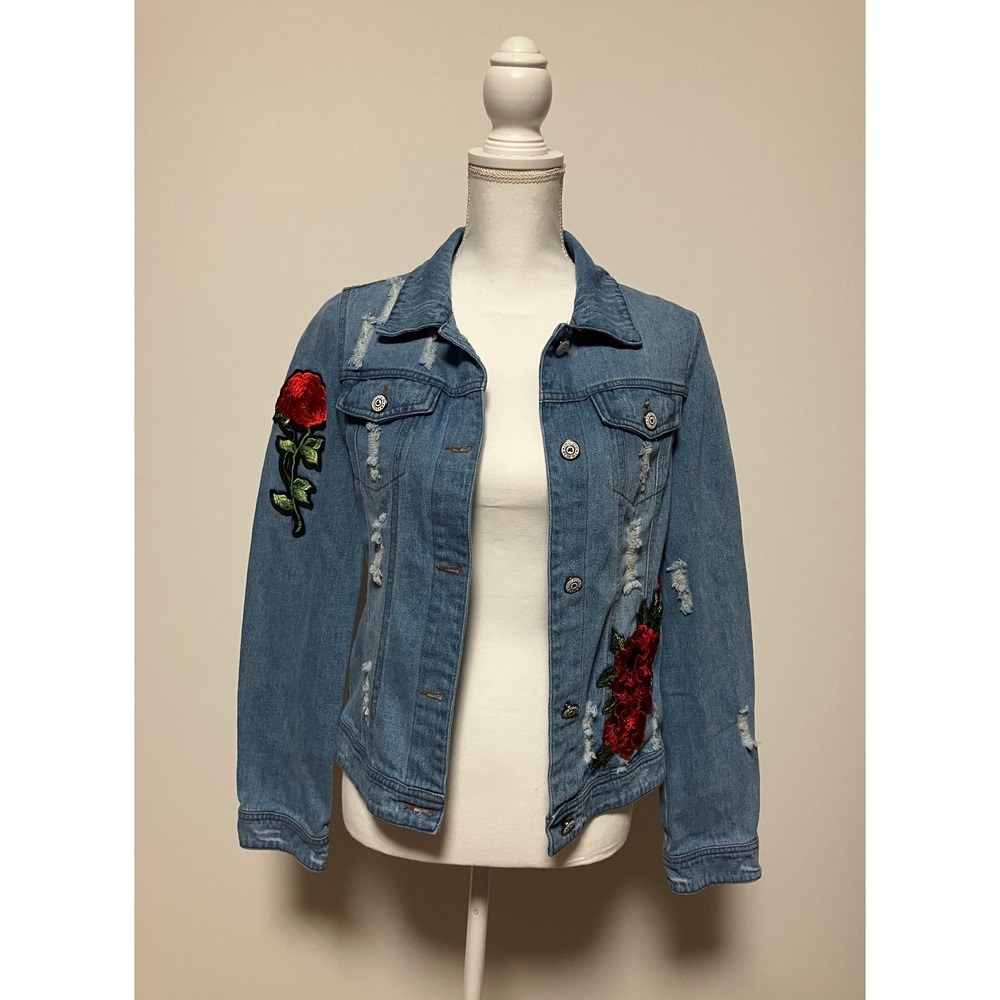 Elan Women's Rose Embroidered Distressed Denim Jacket S Blue Floral Streetwear